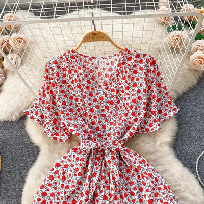 French Chic Dress Beach Style Floral Print Dresses Female V-Neck New Summer Ruffles A-Line Vestidos Women Clothes