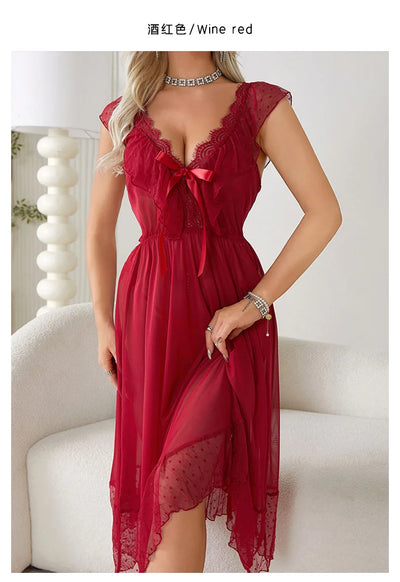Women's Sexy Lingerie Nightgown Semi Sheer Babydoll Sleepwear Dress With Polka Dots Bow Knot Decor Summer Mesh V-Neck Loungewear