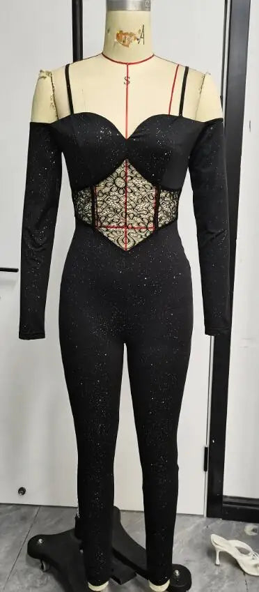 Sexy Party Night Out Jumpsuit Women Elegance 2022 Plain Glitter Cold Shoulder Long Sleeve Contrast Lace Corset Skinny Jumpsuit