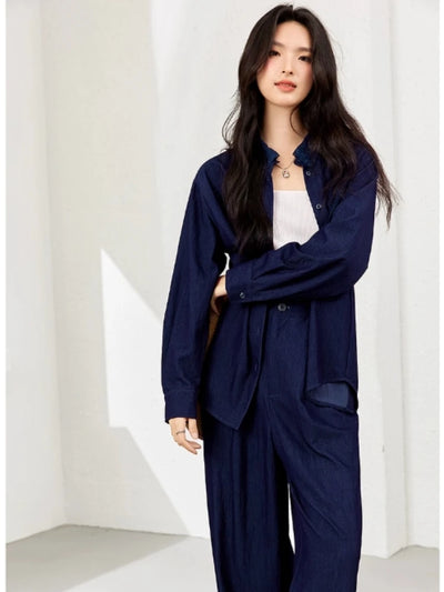 VIMLY Navy Blue Denim Suit Women's 2025 Autumn Outfits Vintage Lace Polo Collar Shirt Wide Legs Pants Ladies 2 Piece Sets A2526