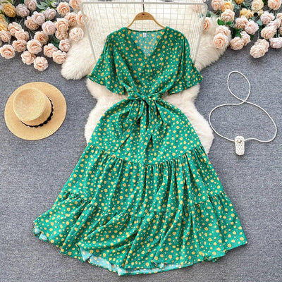 French Chic Dress Beach Style Floral Print Dresses Female V-Neck New Summer Ruffles A-Line Vestidos Women Clothes