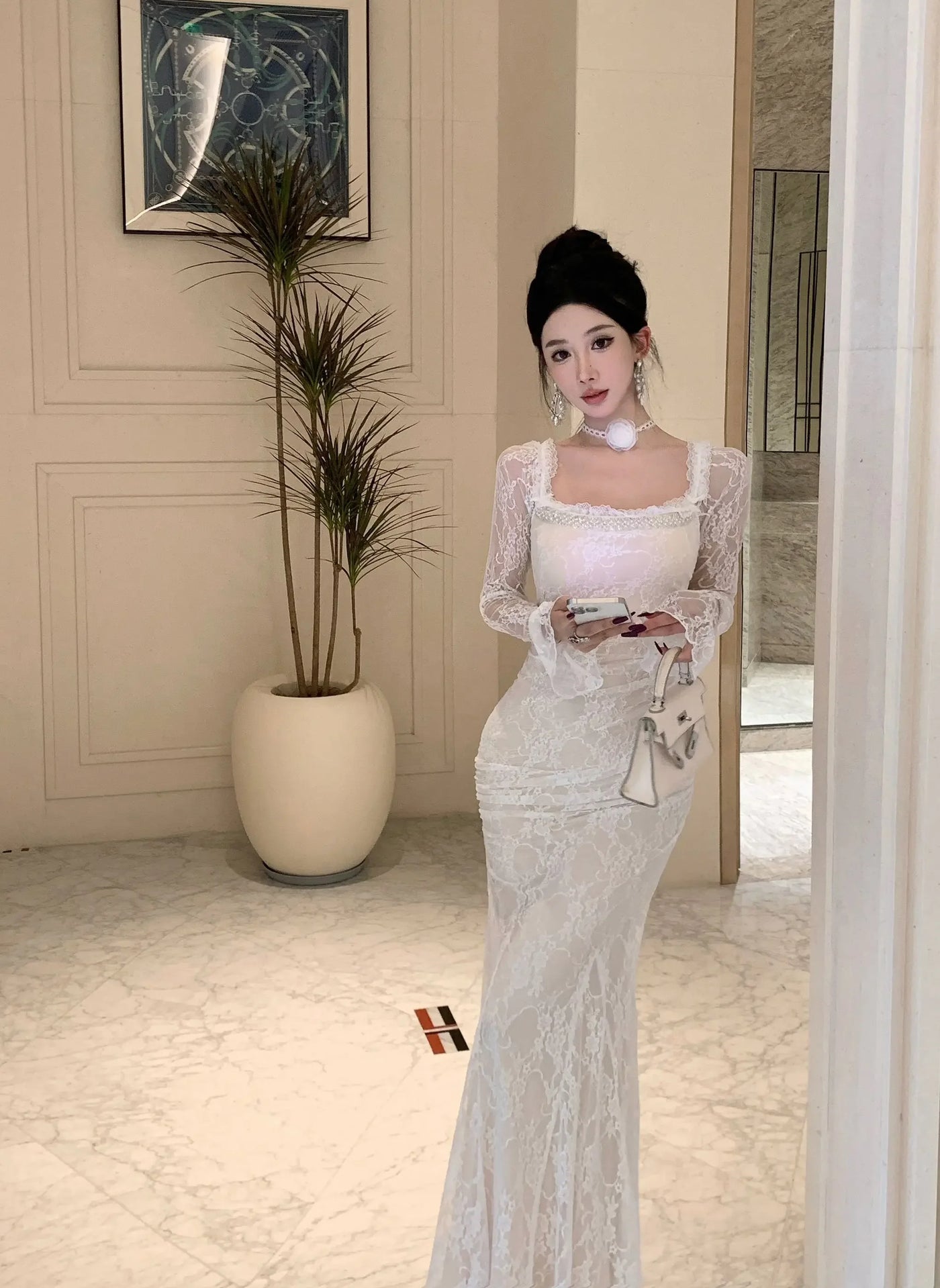 Women Korean Fashion Chic Luxury Evening Dress Autumn Winter White Lace Diamond Square Collar Dress 2025 Elegant Mermaid Dresses