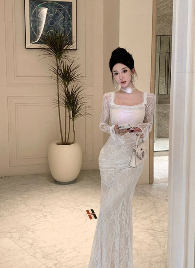 Women Korean Fashion Chic Luxury Evening Dress Autumn Winter White Lace Diamond Square Collar Dress 2025 Elegant Mermaid Dresses