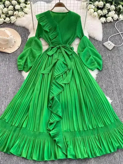 Women's V Neck Ruffles Splice Lantern Sleeve High Stretch Oversized Dresses Miyake Maxi Pleated 2025 Spring Long Party Clothing