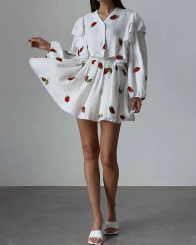 Women Cotton Linen Print Loose Suit Women Lantern Sleeve Ruffles V-neck Patchwork Single-Breasted Top High Waist Mini Skirt Suit
