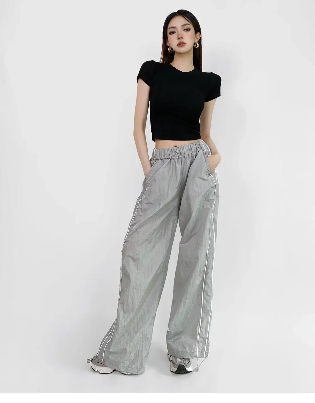 Women's Wide-Leg Joggers Adjustable Ankle Cuffs Side Stripes Drawstring Waist Lightweight Streetwear