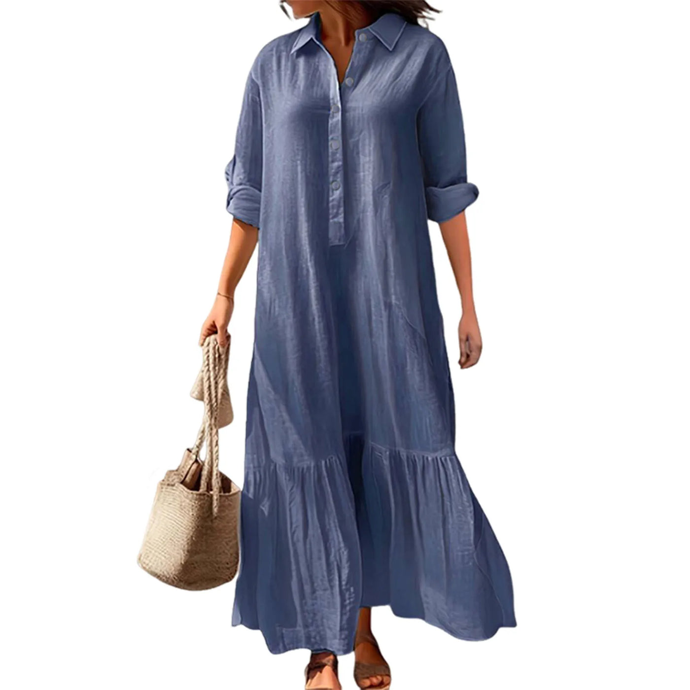 Stylish Button-breasted Dress for Women Elegant V-neck Cotton Linen Dress with Long Sleeves Button Decoration for Summer Ladies