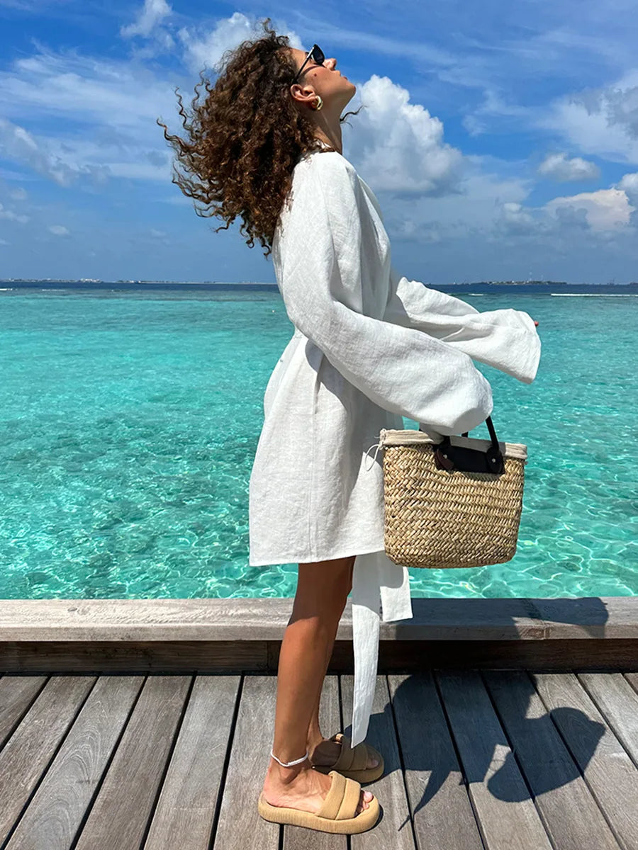 Elegant Cotton Linen V-neck Beach Dress 2025 Spring and Summer Women Fashion Soft Comfortable Loose Lace Vacation Casual Dress