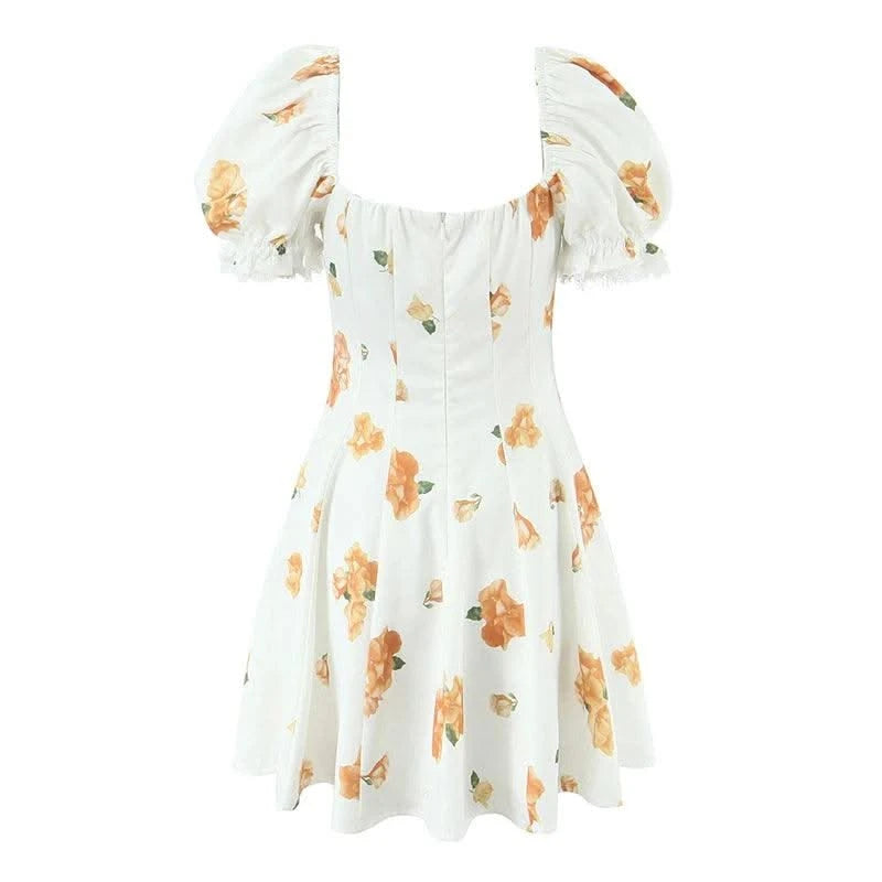 Summer Dresses 2025 Women French Style Floral Print Puff Sleeve Dress Lace Trim A-line Short Elegant Sundress Chic Lady Robe