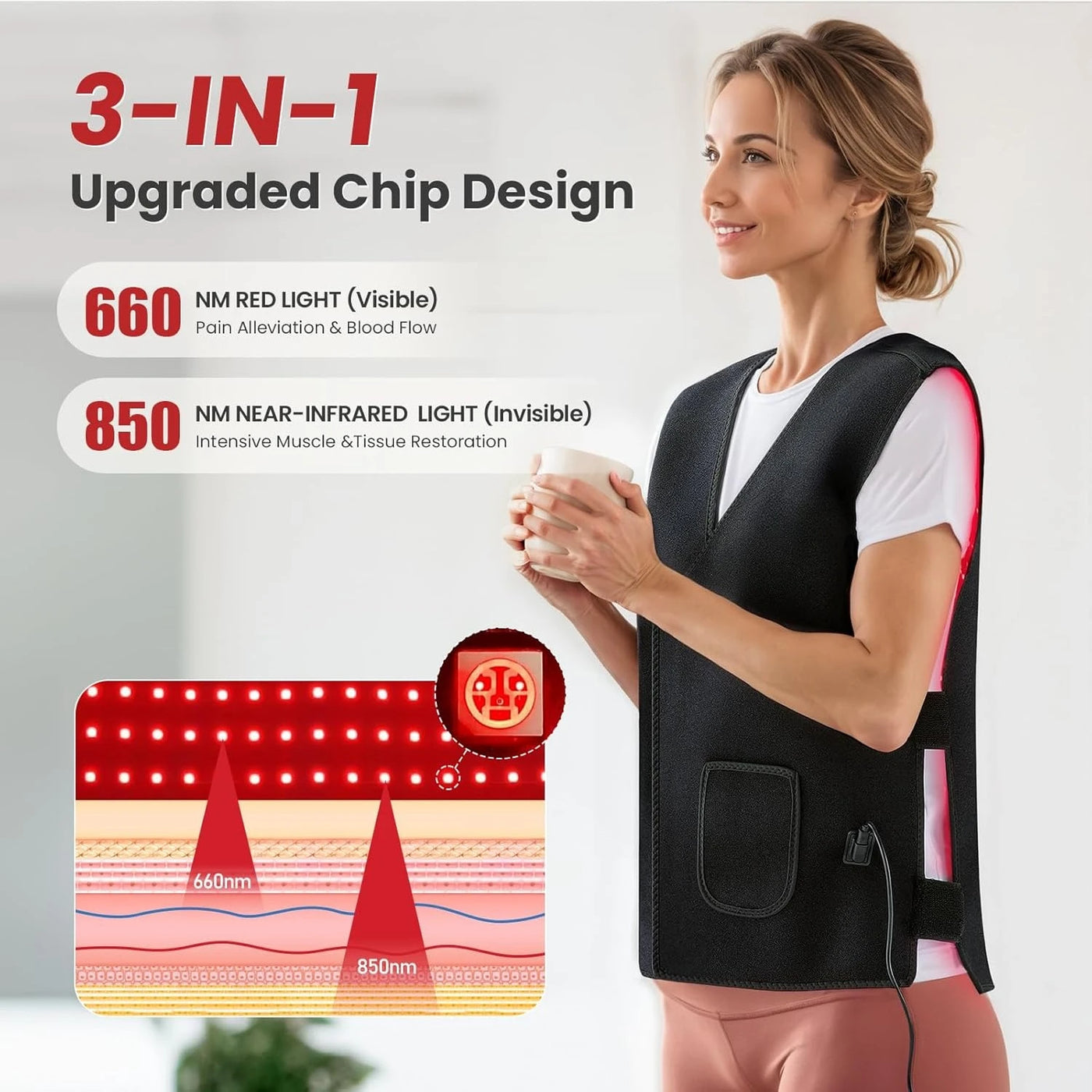 Red Light Therapy Vest for Body, 3-in-1 Led Bead 660&850 nm Infrared Light Therapy Pad for Body Wearable Wrap Pain Relief Device