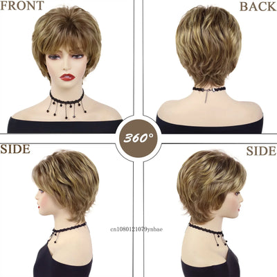 Womens Synthetic Hair Short Curly Brown Wigs Natural Looking Mommy Wig with Bangs Daily Costume Party Use High Temperature Fiber