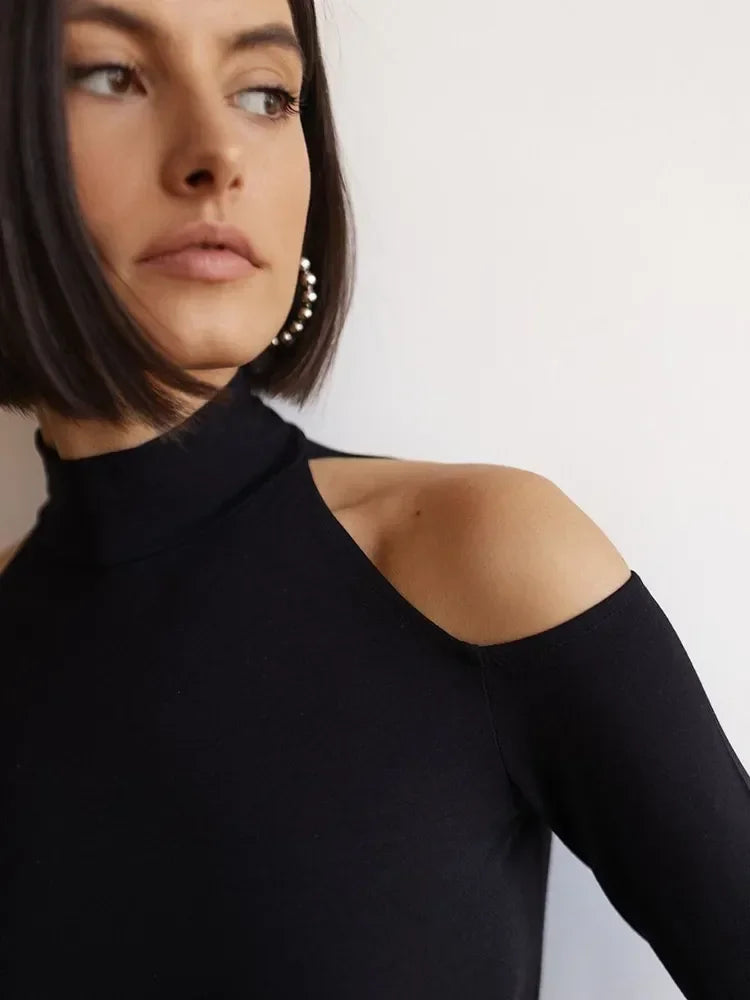 High Collar Shoulder Exposed Long Sleeve Body Shaper, Fashionable Women's Body Shaper Top