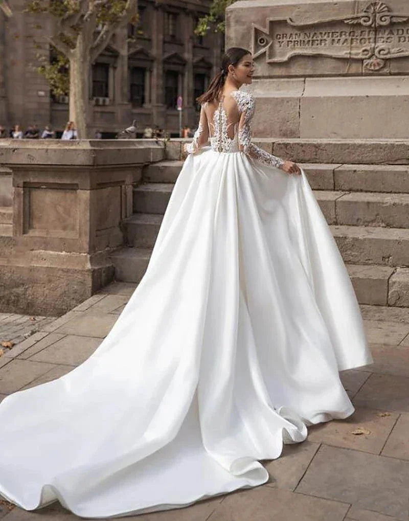 Elegant Satin Wedding Dresses Long Sleeve Lace Bride Gowns Illusion Back Covered Back Vestido De Novia Simple Women's Customized