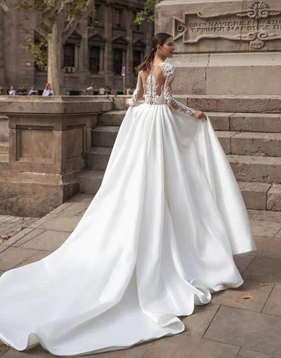 Elegant Satin Wedding Dresses Long Sleeve Lace Bride Gowns Illusion Back Covered Back Vestido De Novia Simple Women's Customized