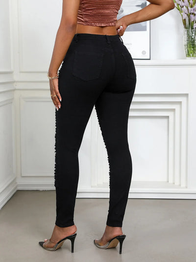 Women's Spring and Fall Fashion Elastic Ripped Jeans Women Casual Close-fitting High-waisted Denim Small Leg Pants Pencil Pants