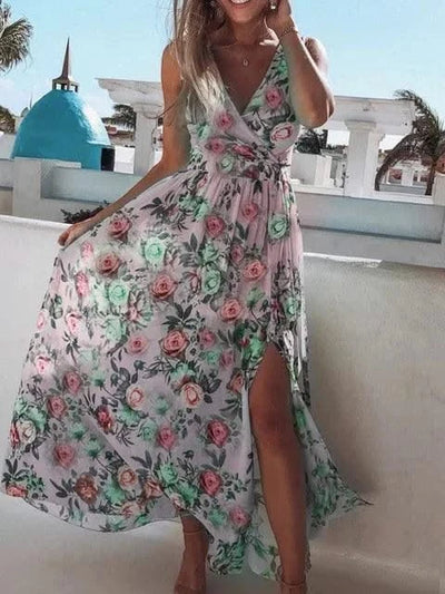 Summer Women Dress Floral Print Fashion Slim V-Neck Tie-Up Backless Chiffon Sexy Sleeveless Slit Maxi Cover-Ups Robe Beach Dress