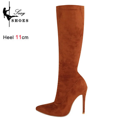 Women's Knee High Boots Black Sexy High Heels Shoes Side Zip Pointed Toe Boots Autumn Elasticity Mid Booties
