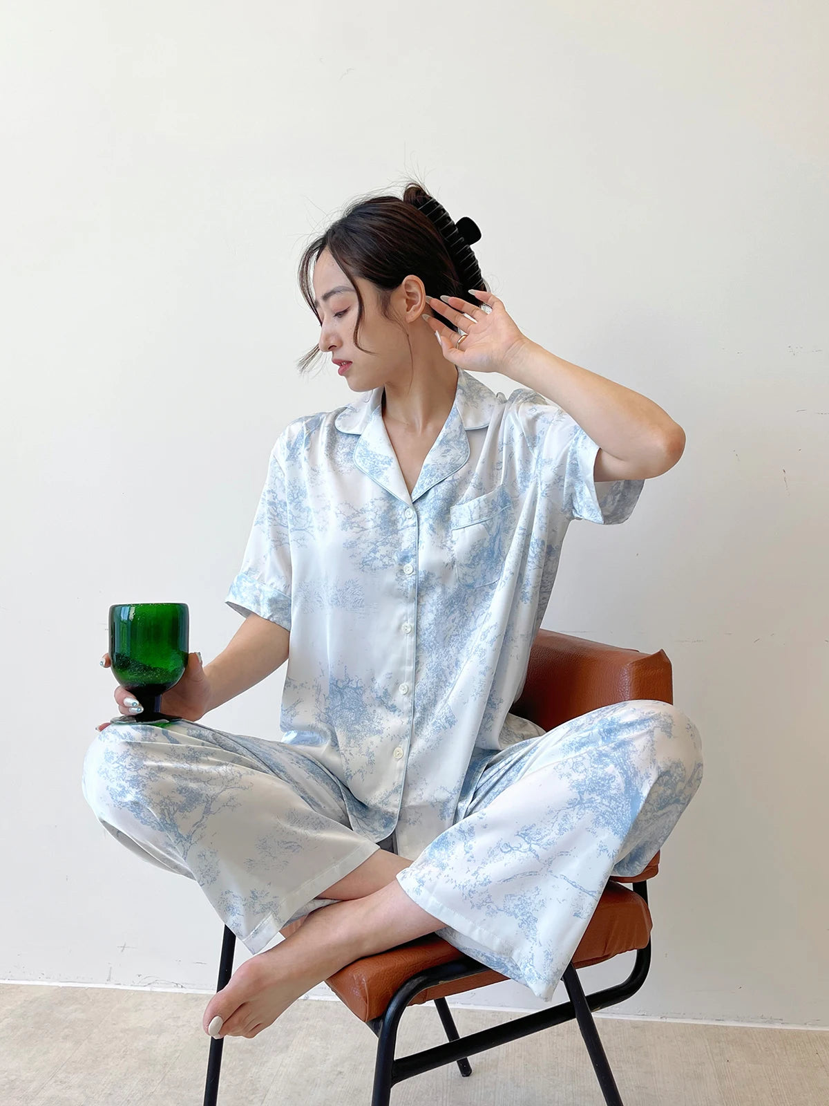 Fashion Elegant Female Pajamas Lounge Wear Set Sexy Print Flower Sleepwear Trouser Suits Spring Summer Loose Satin Home Wear