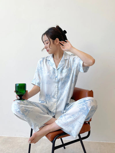 Fashion Elegant Female Pajamas Lounge Wear Set Sexy Print Flower Sleepwear Trouser Suits Spring Summer Loose Satin Home Wear