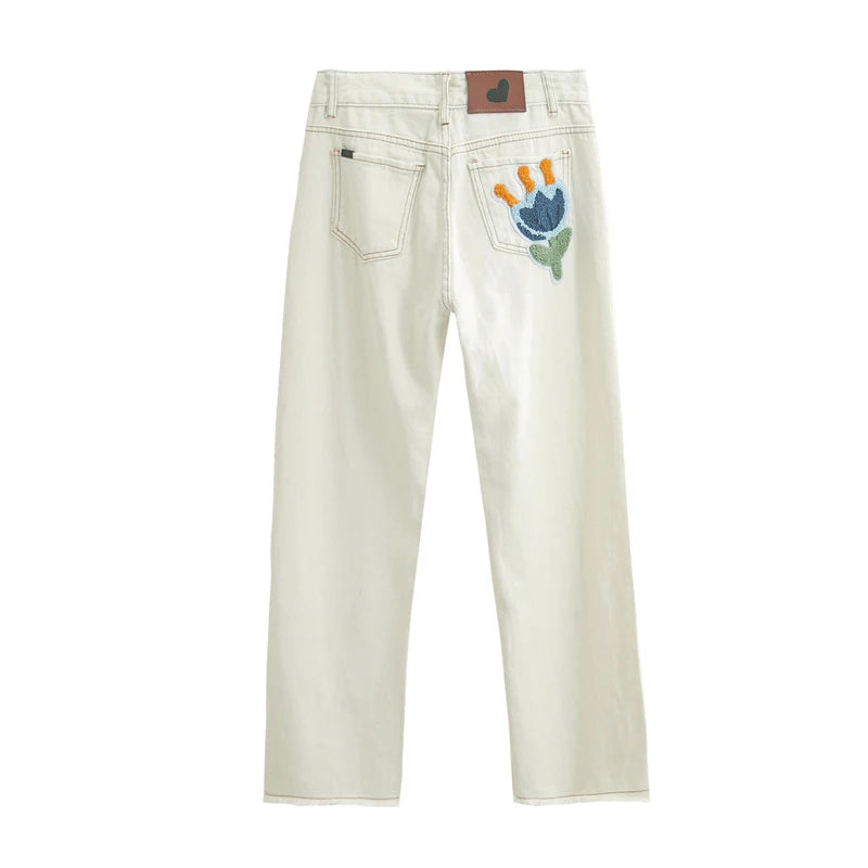 White Jeans For Women Spring High Waist Fashion Flower Design Straight Denim Pants Chic Loose Wide Leg Casual Trousers