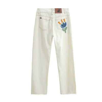 White Jeans For Women Spring High Waist Fashion Flower Design Straight Denim Pants Chic Loose Wide Leg Casual Trousers