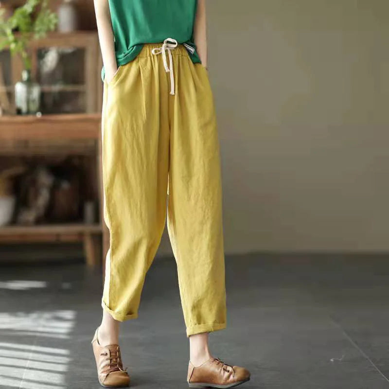 2024 Spring Summer Cotton Linen Pants Women Solid Color Casual Ankle-length Pant Woman Lace-up Waist Loose Trousers