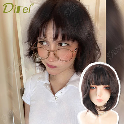 DIFEI Slightly Curly Short Synthetic Wig For Women Fresh Natural Short Wig With Straight Bangs Suitable For Daily Wear