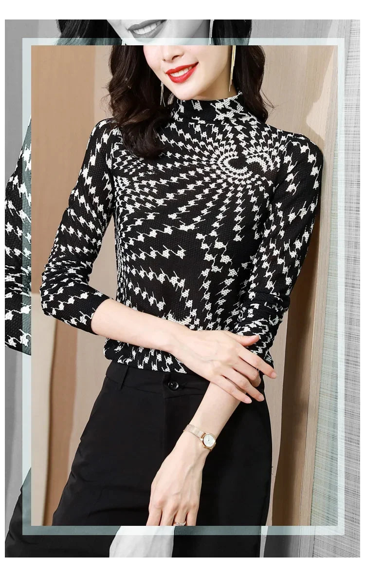 Printed Waffle Mesh T-shirts For Women New Autumn Slim-fit Base Half High Neck Strech Basic Tops Female