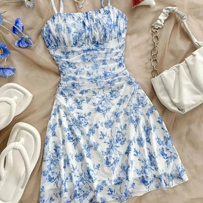 Women's Summer Elegant Floral Mini Dresses Fashion Fold High Waist Slim A-Line Dress Lady Sexy Backless Spaghetti Strap Sundress
