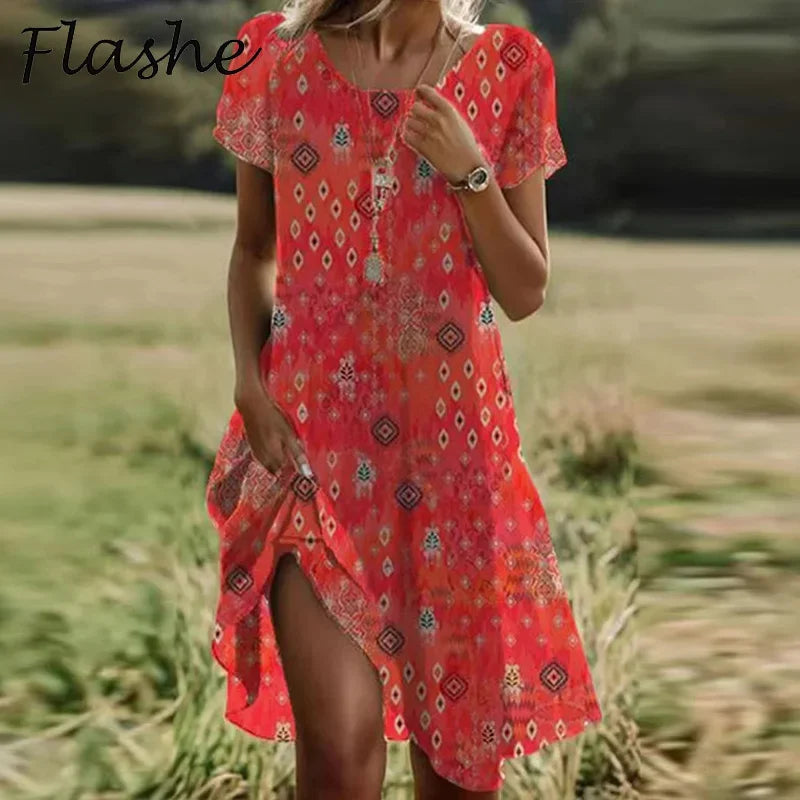 Summer Bohemian Dresses For Women V Neck Short Sleeve Flower Printed Beach Holiday Dress Women Maxi Dresses Boho
