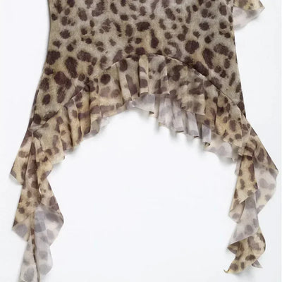 TRAF Leopard Crop Tops For Women Ruffle Sleeveless Printed Tops Summer Backless Tulle Camisole Top Woman Sexy Asymmetrical Top