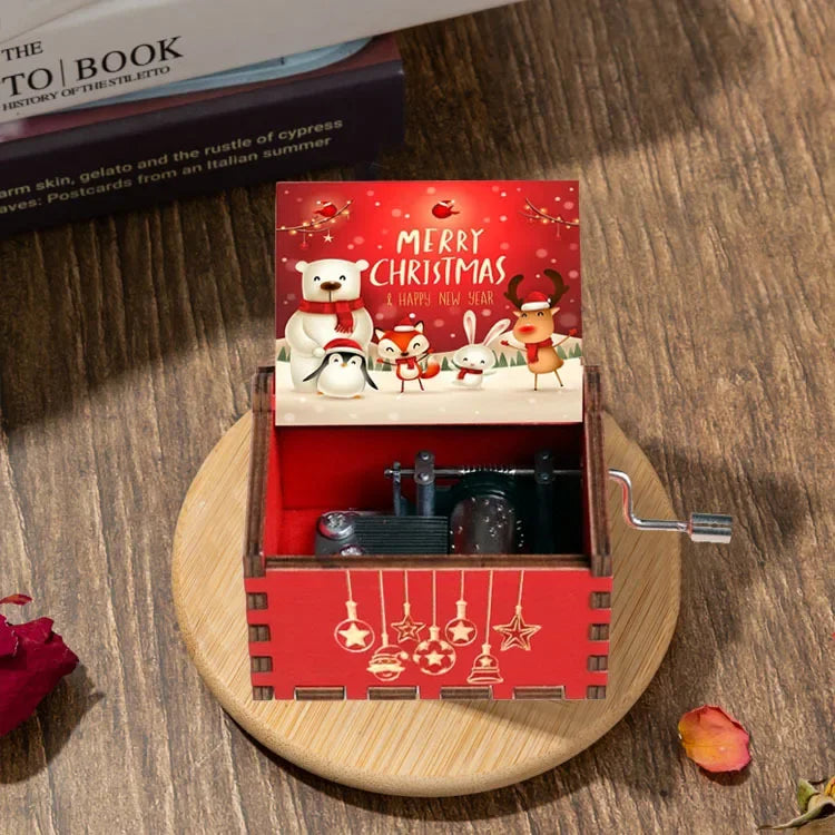 Merry Christmas Music Box Wooden Hand Cranked Music Box Vintage Happy New Year Music Box Gift Music Box Birthday Gift