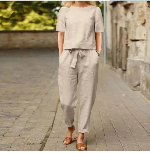 Women's Cotton Linen Suit Summer Matching Suit Half-sleeved Round Neck Tie Elastic Waist Trousers Wide-leg Pants Retro Suit 2024