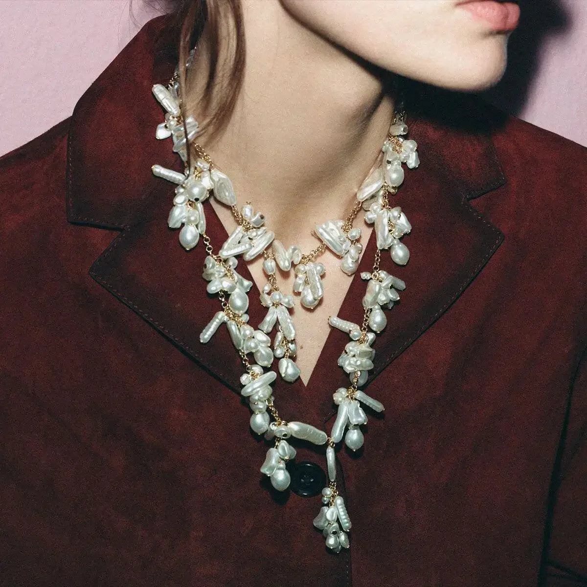 Luxury Baroque Irregularity Pearl Necklace Double Layered Jewelry for Women Fashionable Long Chain Dress Female Accessory Gift