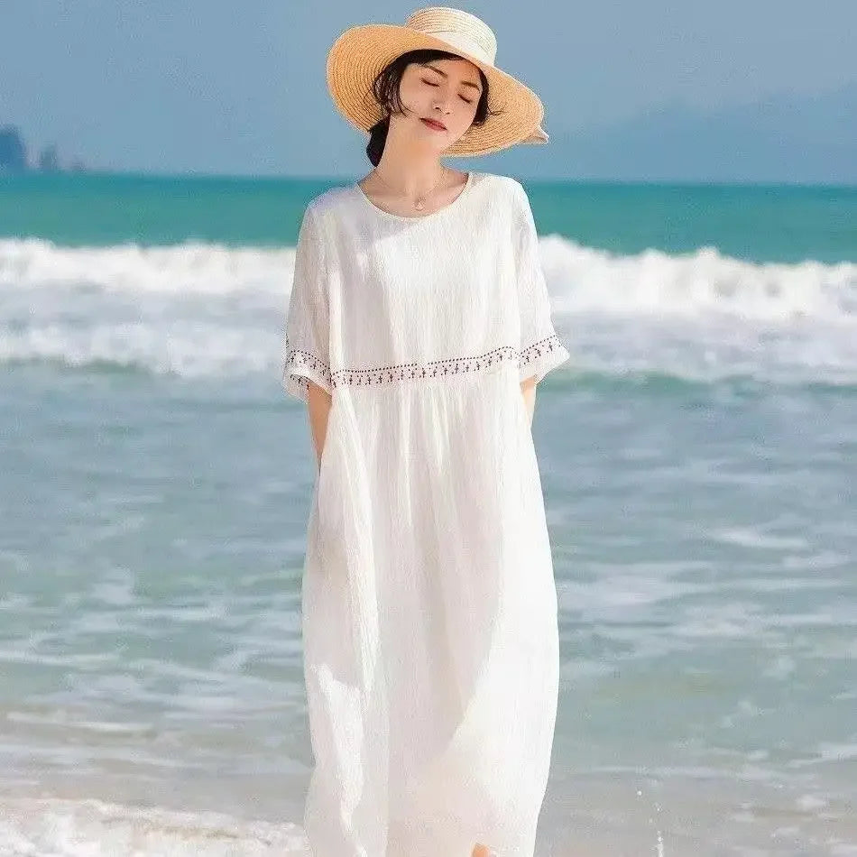 Summer New Dresses for Women LOOSE Embroidery Vintage Dress Streetwear Long Dresses Women Clothing Robe O-Neck White Dress