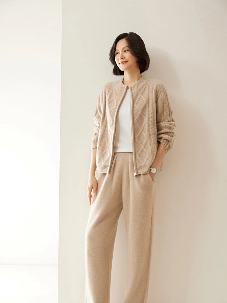 ADDONEE Women 100% Cashmere Pants Pleated Waist Wide Leg Pants Casual Simple Style Autumn Winter Cashmere Knit Trousers Luxury