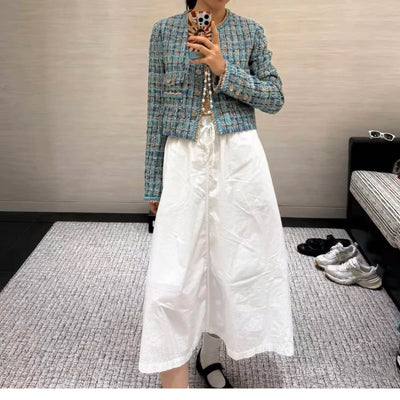 Autumn 2025 New Sle Blue een Tweed round Ne Single Button ort Quilted Jaet Women's Faion Outerwear Small Fraanc...
