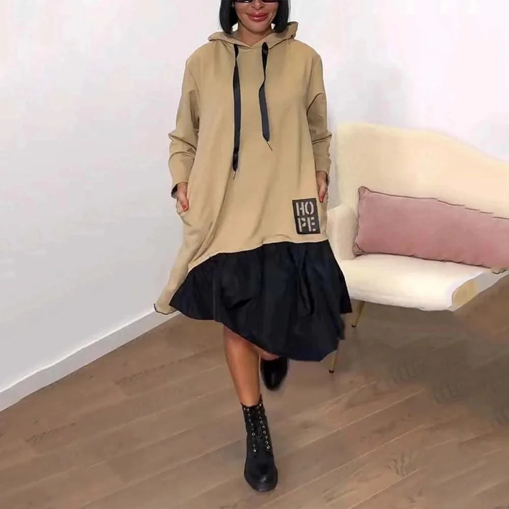 New Hooded Sweatshirt Dress For Women 2025 Spring Long-sleeved Printed Patchwork Dress Casual Loose Lace Up Long Dress Black