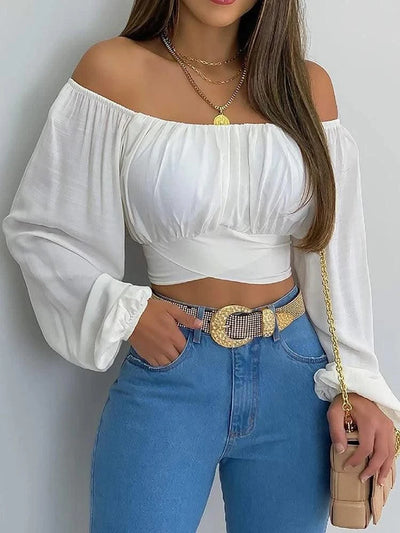 Women Sexy Off Shoulder Blouse Chic and Elegant Printing Lantern Long Sleeve