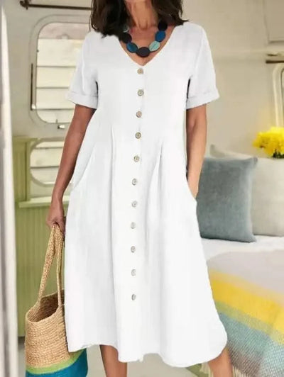 Women's Summer Casual Cotton Linen Midi Dress White  Loose Elegant Green Dresses Vestidos Платье С Декольте Jupe Longue Femme