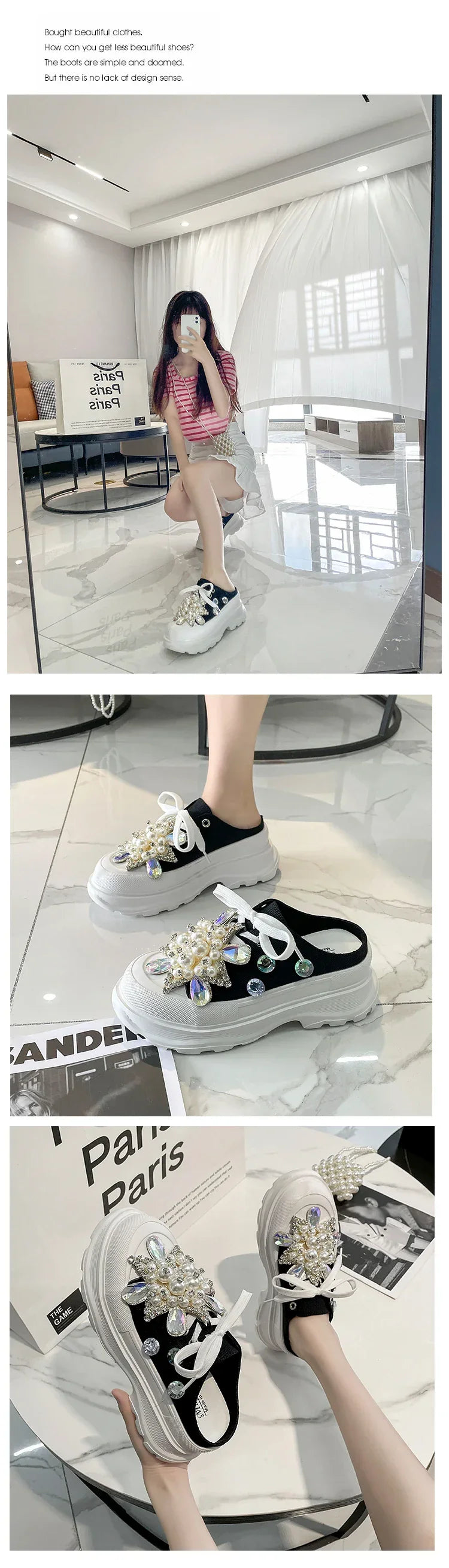 Spring New Women Sneakers Slipper Designer Platform Mules Flat Sandal Sweet Casual Lace Up Pearl Crystal Shallow Ladies Shoes