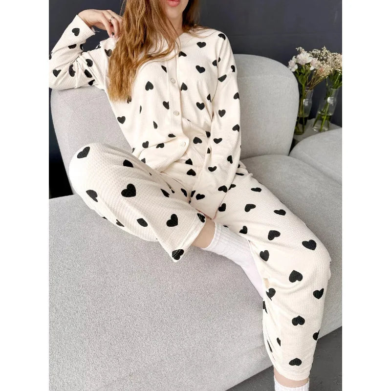 Love Pattern Waffle Pajamas Women Loungewear Set Cardigan Homewear Lady Long Sleeve Top Pant Nightwear 2025 Autumn Spring New