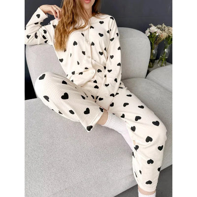 Love Pattern Waffle Pajamas Women Loungewear Set Cardigan Homewear Lady Long Sleeve Top Pant Nightwear 2025 Autumn Spring New