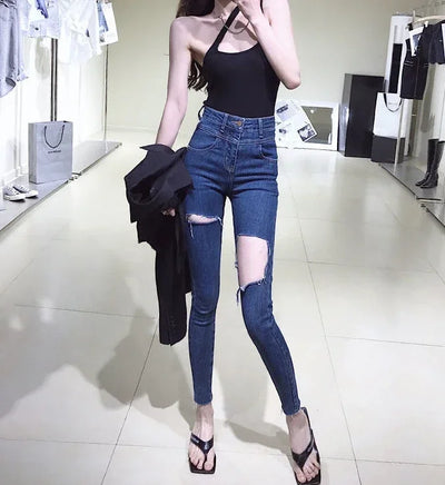 Skinny Pencil Slim Fit Women's Ripped Jeans 90s South Korea Cheap Summer Cowboy Pants for Woman Korean Fashion Xxl Torn Trousers