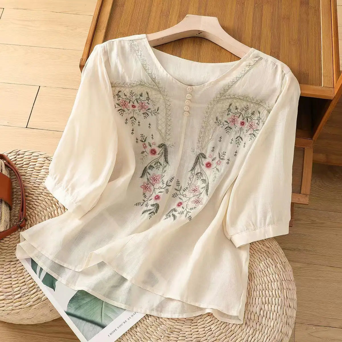 Cotton and Linen V-neck Embroidered Shirt for Women, Summer Thin Style Loose Medium Sleeves Small Shirt Top