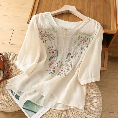 Cotton and Linen V-neck Embroidered Shirt for Women, Summer Thin Style Loose Medium Sleeves Small Shirt Top