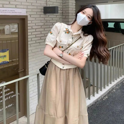 Summer Cotton Linen Frence Women Aesthetic Shirts High Quality Embroidery Floral Puff Sleeve Single Breasted Lapel Polo Collar