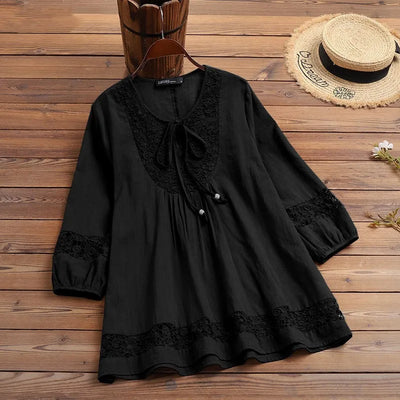 Fashion Women's Solid Lace Top Cotton Linen Casual Top Woman New Summer Blouse Three-Quarter Sleeve Loose Shirt & Blouse Women