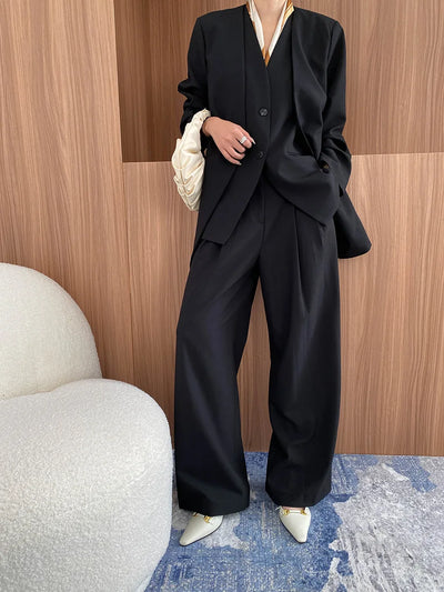 Spring and Autumn Women's Casual Solid Color Loose Jacket+V-neck Vest+Wide Leg Pants Set