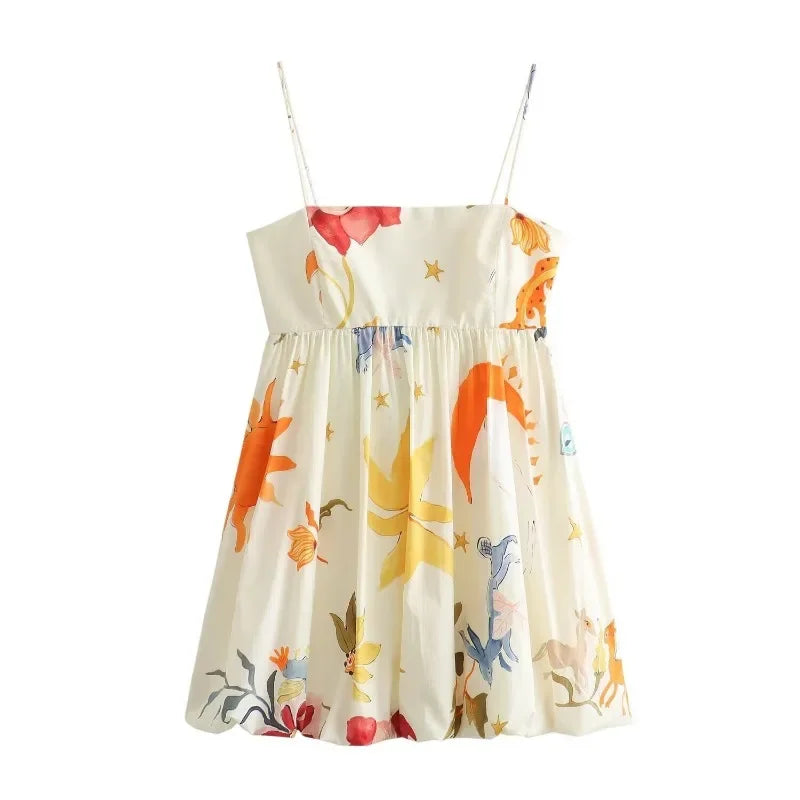 ZBZA Women's Suspender Print Dress Straight Neckline Spaghetti Straight Straps Zip Beach Mini Skirt Summer New Female Chic Dress